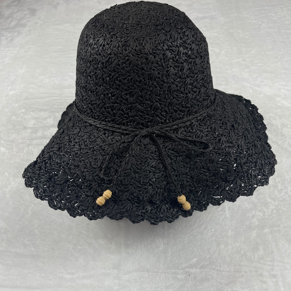 Womens Black Woven Straw Floppy Sun Hat Scalloped Brim Wooden Beads Beach Summer